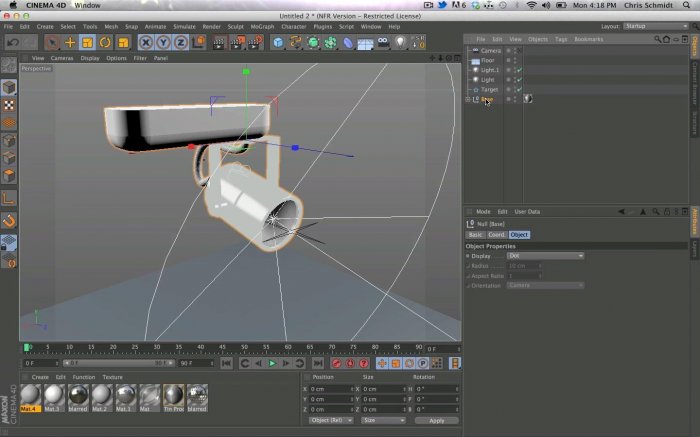 Моделирование и анимация света, настройка контроля за двигающимся объектом в Cinema 4D