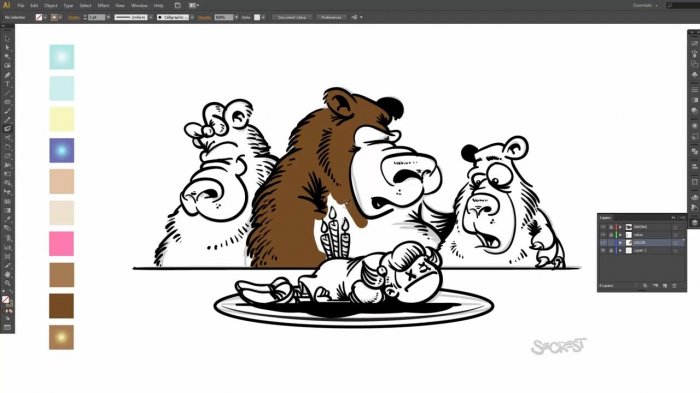 Отрисовка и раскрашивание иллюстрации с медведями в Illustrator