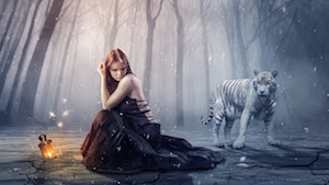 Девушка и белый тигр в Фотошопе