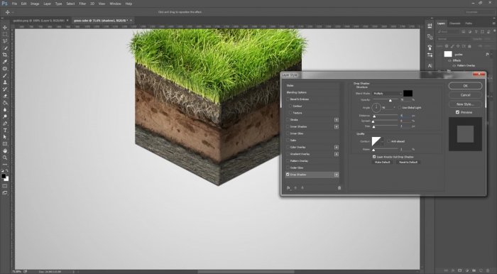 Изометрический куб из земли и травы в Photoshop