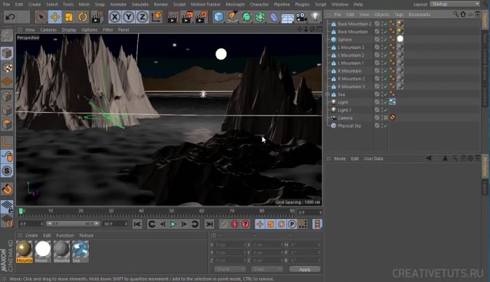 Ночная сцена с океаном морем в Cinema 4D