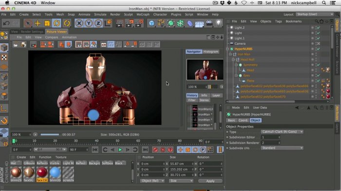 Текстурирование и визуализация в Cinema 4D костюма Железного человека