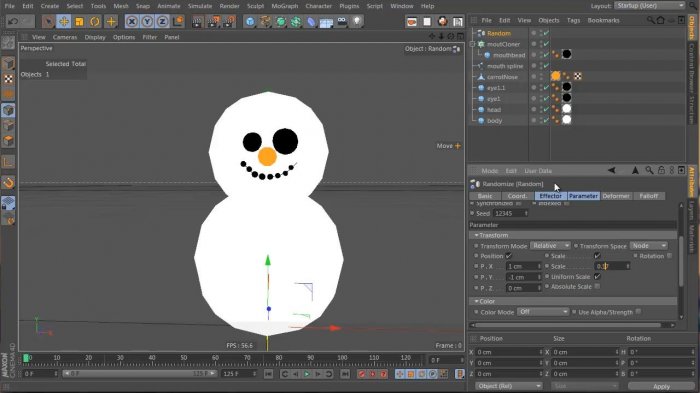 Снеговик и процедурная модель ёлки в Cinema 4D