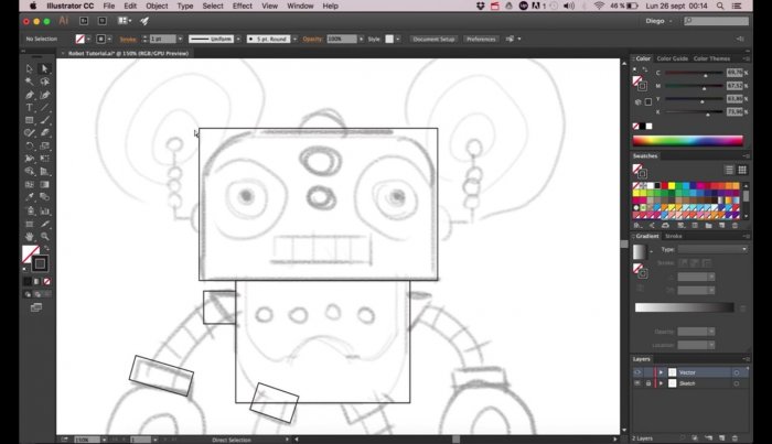 Из рисунка создаем векторную иллюстрацию робота в Illustrator