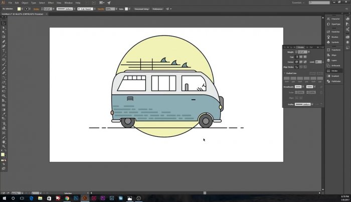 Фургон с серфбордом в Illustrator
